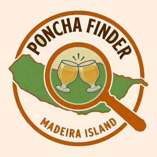 Logótipo do Poncha Finder: dois copos de poncha sob uma lupa, sobre o mapa da ilha da Madeira